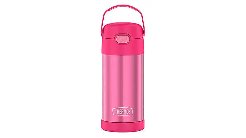 imagem de uma garrafa térmica da Thermos na cor rosa