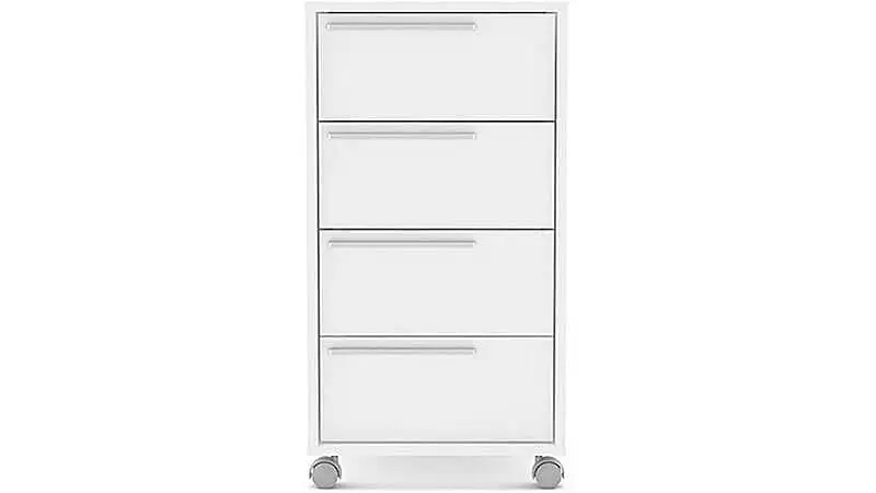 imagem de um gaveteiro pra escritório na cor branca da Politorno com quatro gavetas e puxadores de plástico cromados