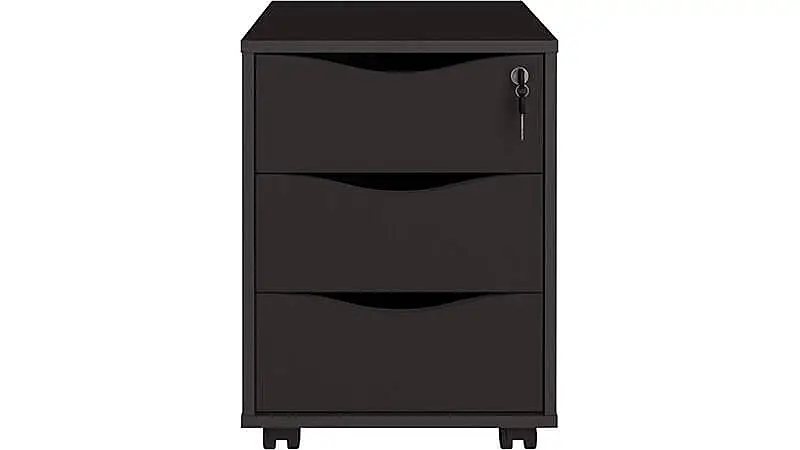 imagem de um gaveteiro pra escritório na cor preta da Artany com três gavetas, rodinhas e uma fechadura