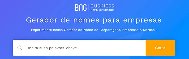 captura do site da business name generator contendo logo uma barra de pesquisa e o texto gerador de nomes para empresas