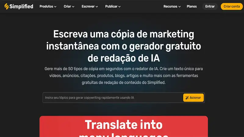 Gerador de texto com inteligência artificial Captura de tela do Simplified