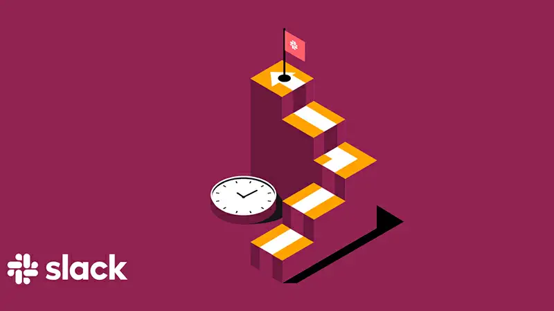 Gestão de Projetos Slack desenho de uma escada com uma bandeira no topo, um relógio no meio e a logo do Slack no canto inferior esquerdo