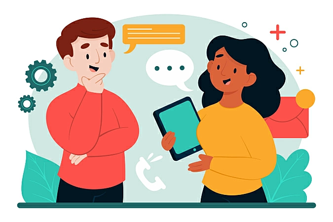 ilustração de um homem conversando com uma mulher que esta segurando um tablet