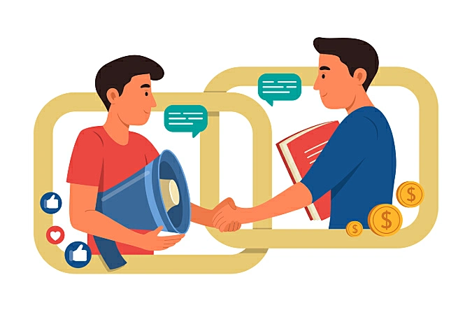 imagem de duas pessoas apertando as mãos, uma segurando um livro e icones de moeda e outra um megafone