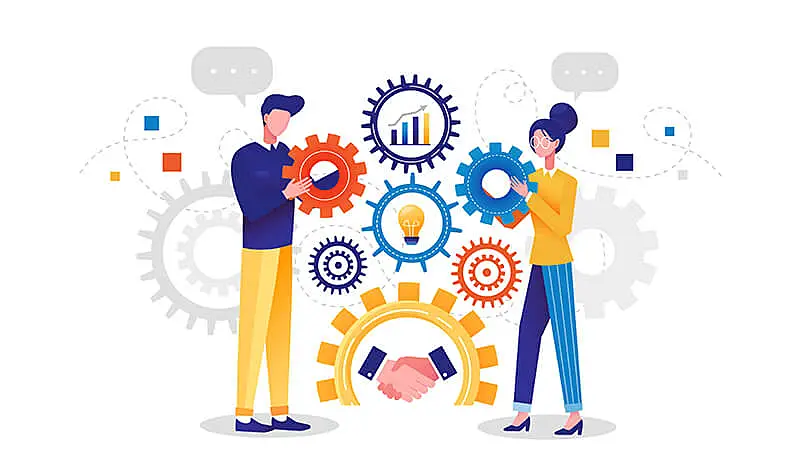 engrenagens representando áreas da gestão de vendas