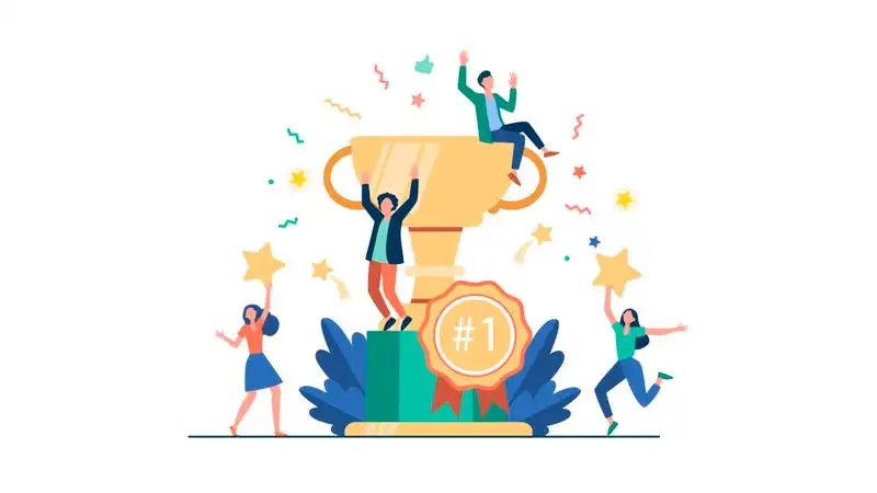 equipe de colaboradores ganhando um troféu e medalhas