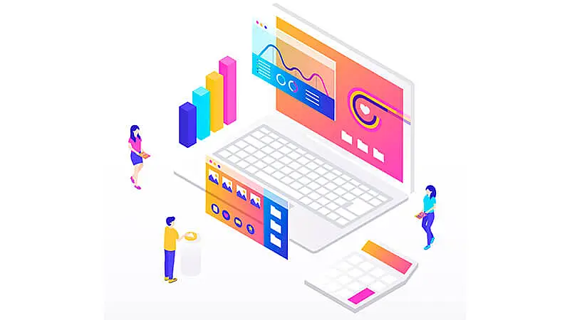 Imagem vetorial de um relógio, janelas de navegação da web, ícone de configuração e um monitor exibindo gráficos.