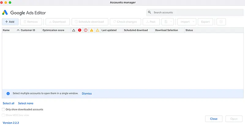 Google Ads Editor dashboard
