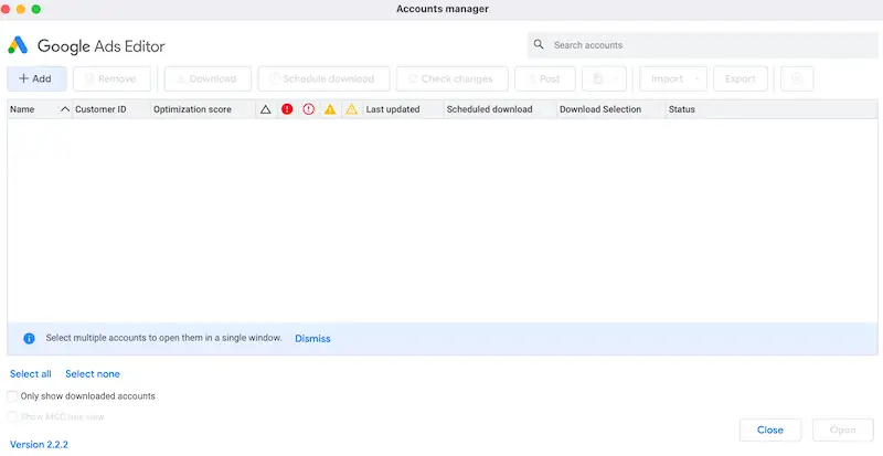 Google Ads Editor dashboard