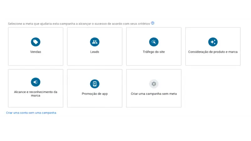 Google Ads Print screen Google Ads escolha de campanha