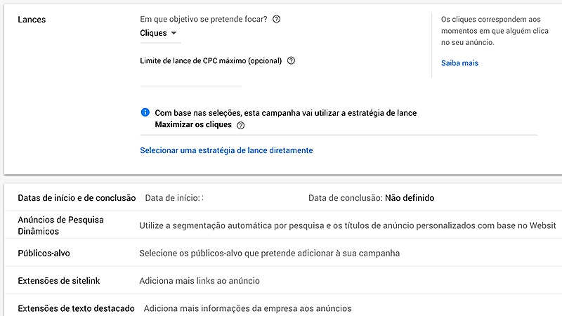 Print screen Google Ads extensões de anúncios