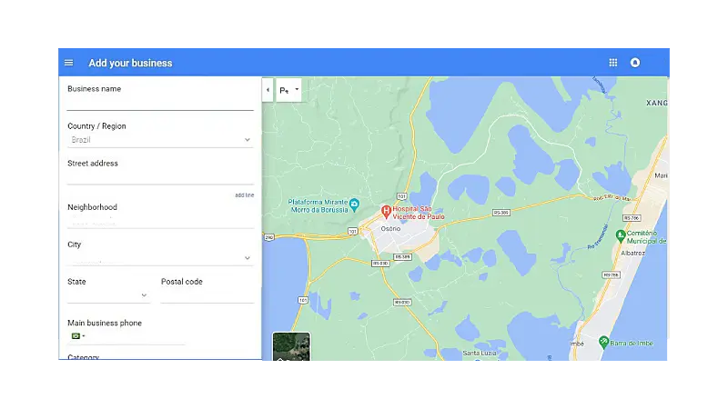 Página de Inserção de dados no Google Meu Negócio
