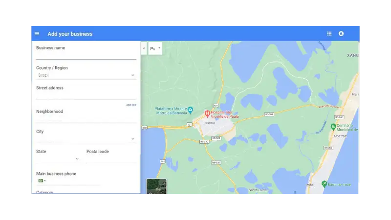 Página de Inserção de dados no Google Meu Negócio