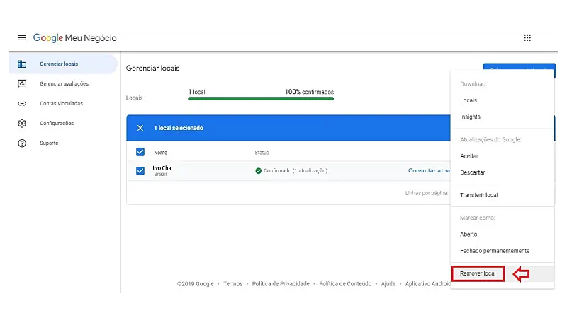 Print screen de exclusão de conta Google Meu Negócio 2