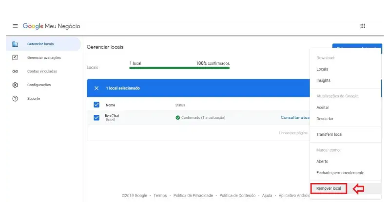 Print screen de exclusão de conta Google Meu Negócio 2