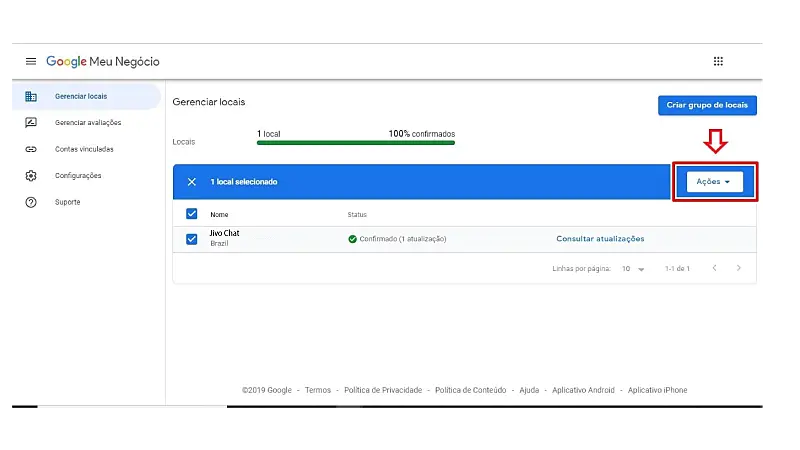 Print screen de exclusão de conta Google Meu Negócio
