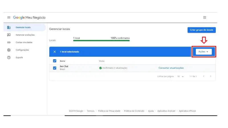 Print screen de exclusão de conta Google Meu Negócio