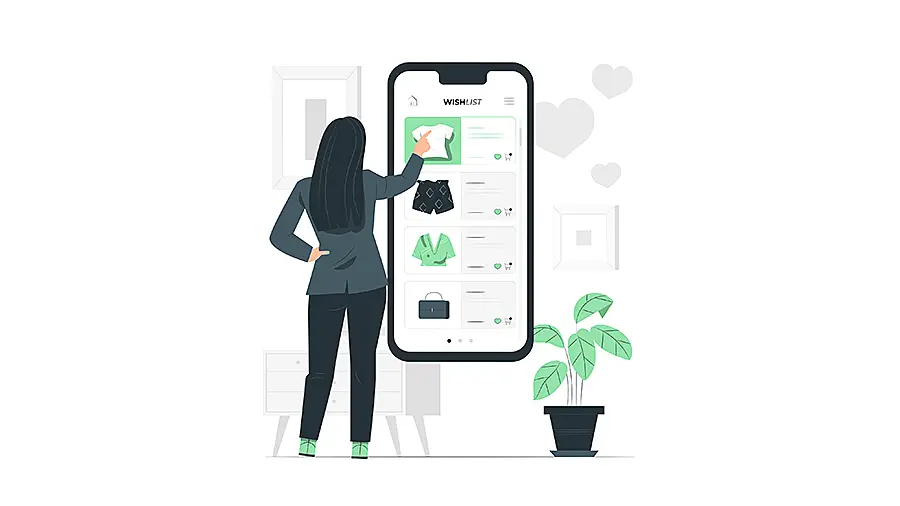 Ilustración de una chica eligiendo productos a través de un catálogo online