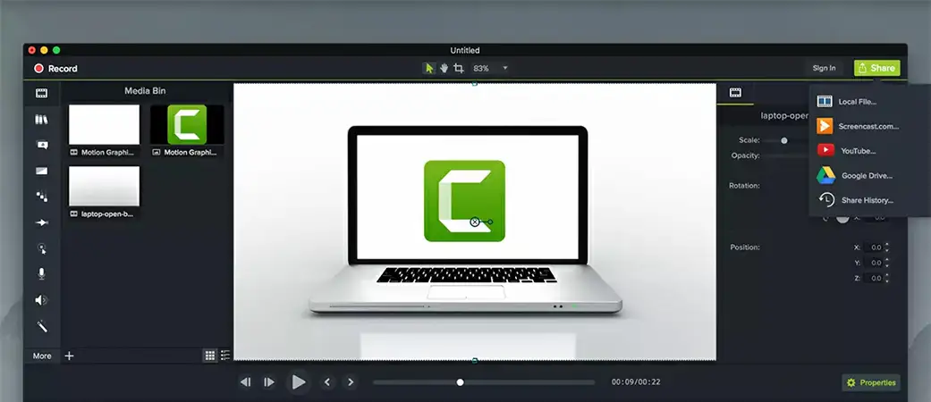 Interface de usuário do Camtasia