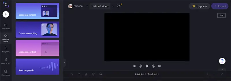 Interface do gravador de tela Clipchamp