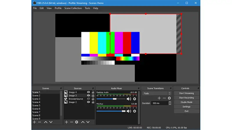 Interface do gravador de tela para PC OBS Studio
