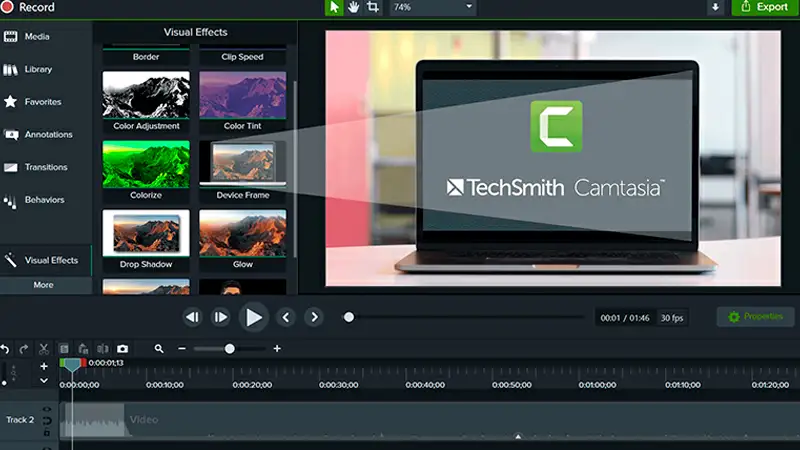 Tela Inicial do programa Camtasia com um notebook no centro