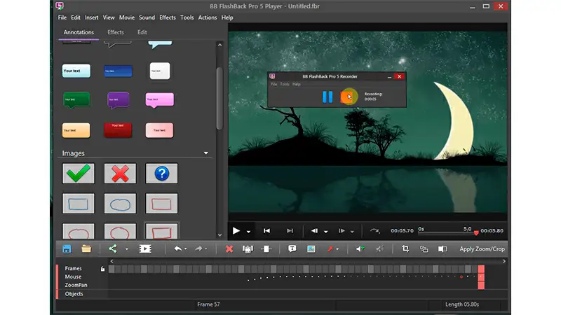 Tela inicial do programa FlashBack com uma janela no centro com o botão de pause e de parar a gravação
