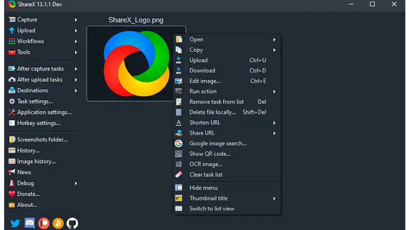 ShareX Captura de tela da interface do ShareX