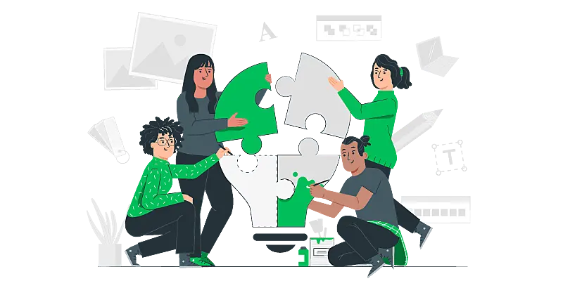 Imagem vetorizada de uma equipe construindo um quebra-cabeça