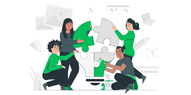 Habilidades profissionais Imagem vetorizada de uma equipe construindo um quebra-cabeça