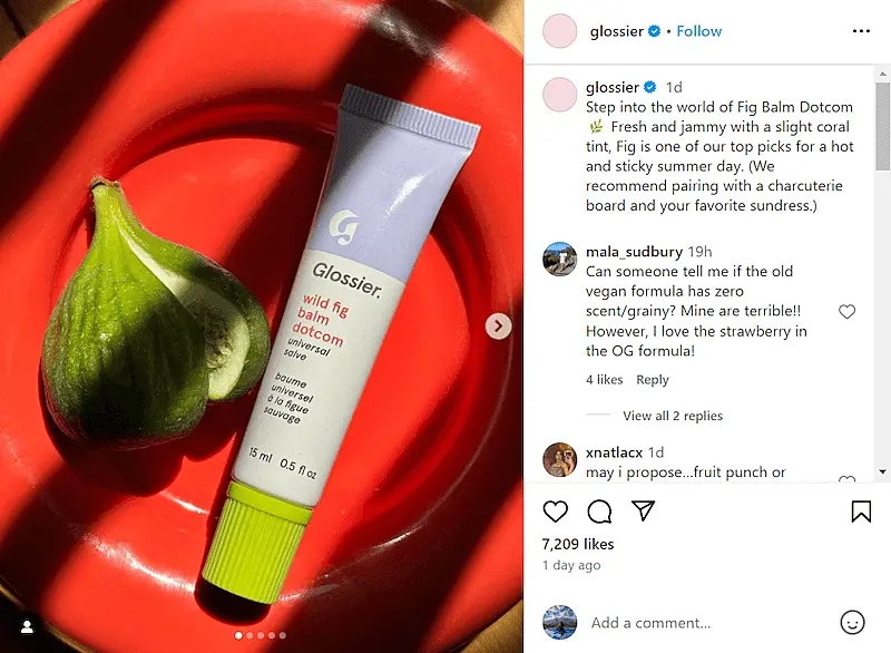 Glossier Instagram post of its wild fig balm dotcom