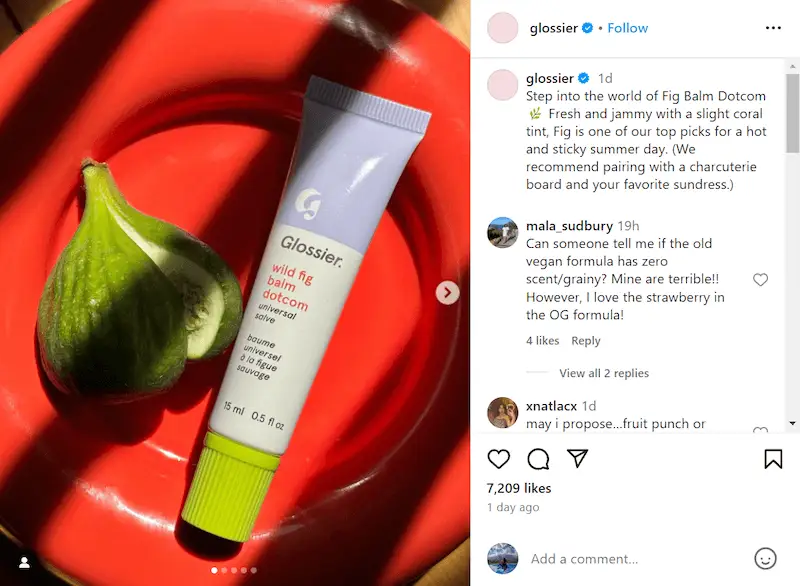 Glossier Instagram post of its wild fig balm dotcom