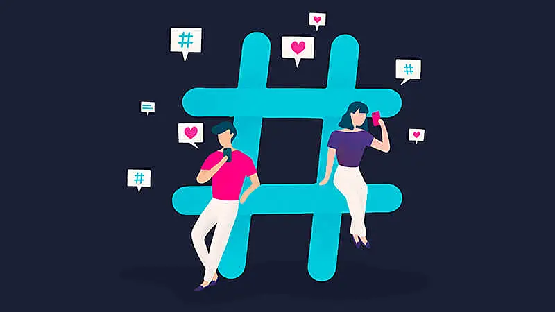 Ilustração de uma hashtag com pessoas sentadas