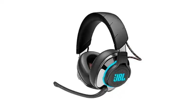 foto de um headset Bluetooth JBL Quantum 800 na cor preta com detalhes cromados e iluminação RGB