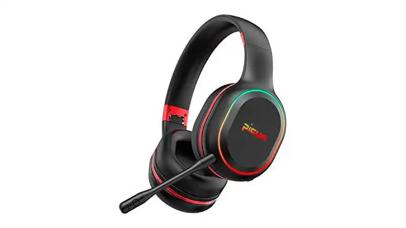 foto de um headset gamer Bluetooth P80S na cor preta com detalhes vermelhos e iluminação colorida