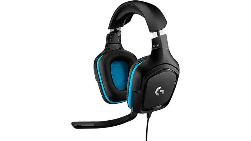 Headset Logitech G432 imagem de um headset Logitech G432 com fio e na cor preta com detalhes em azul