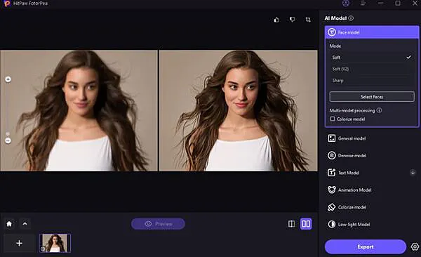 Hitpaw fotorpea screenshot mostrando um dos modelos de melhorar a resolução da imagem