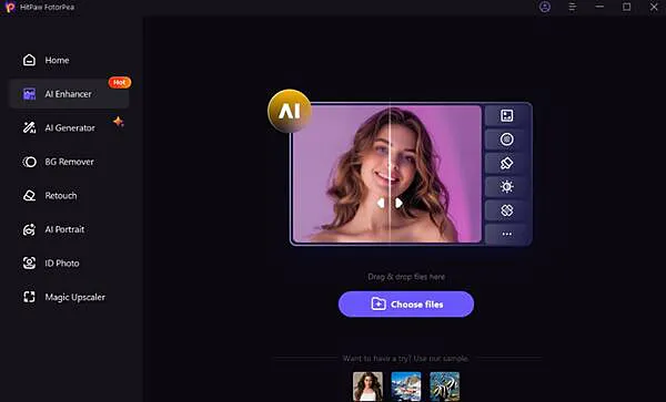 Hitpaw FotorPea screenshot mostrando recursos de edição IA