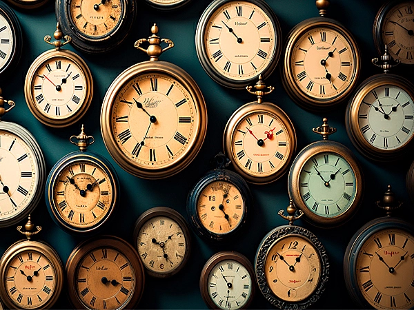 Foto de uma parede com diversos relógios
