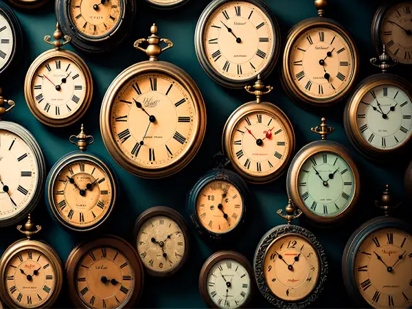 Foto de uma parede com diversos relógios