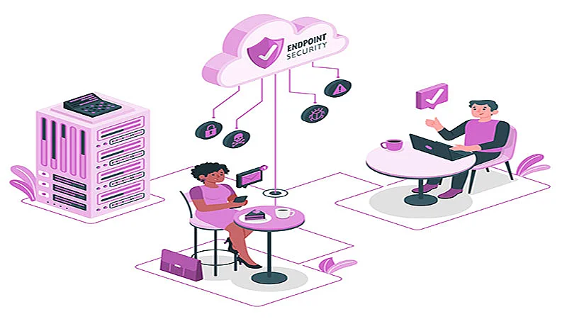 Ilustração de duas pessoas utilizando internet e um servidor conectado