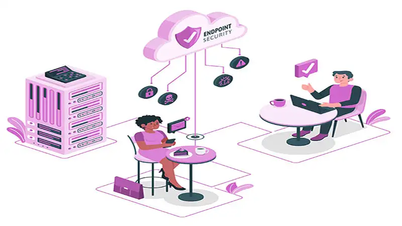 Ilustração de duas pessoas utilizando internet e um servidor conectado