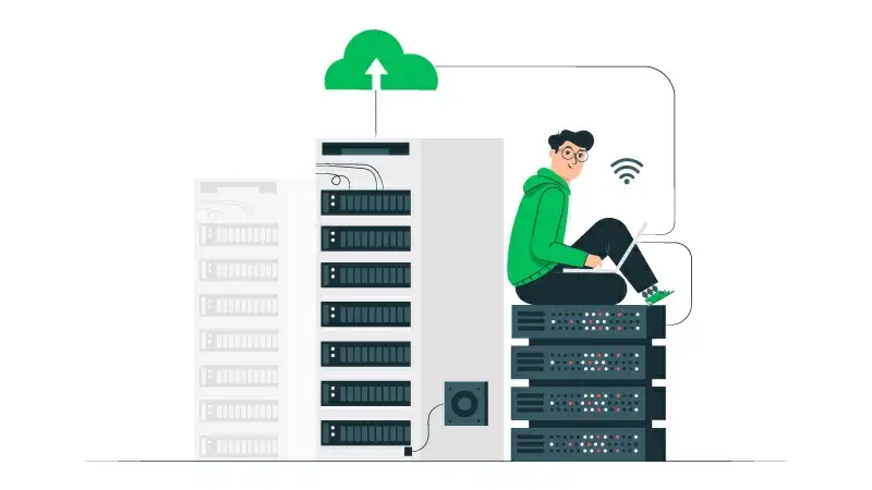 Hosting WordPress Dibujo de un chico sentado sobre un gran servidor web
