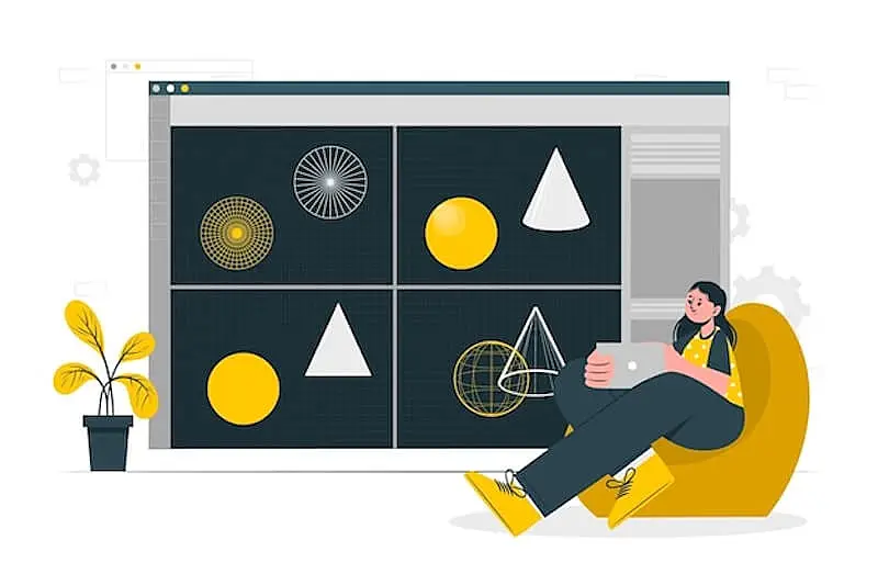 A woman is sitting on a couch using the computer. Behind her there is a huge computer screen with geometric figures on it. 