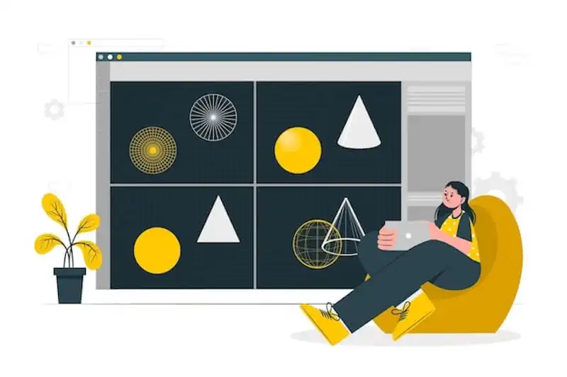Hottest deisgn trends - recap A woman is sitting on a couch using the computer. Behind her there is a huge computer screen with geometric figures on it.
