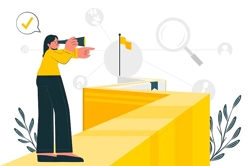 The image shows a woman looking on a telescope.