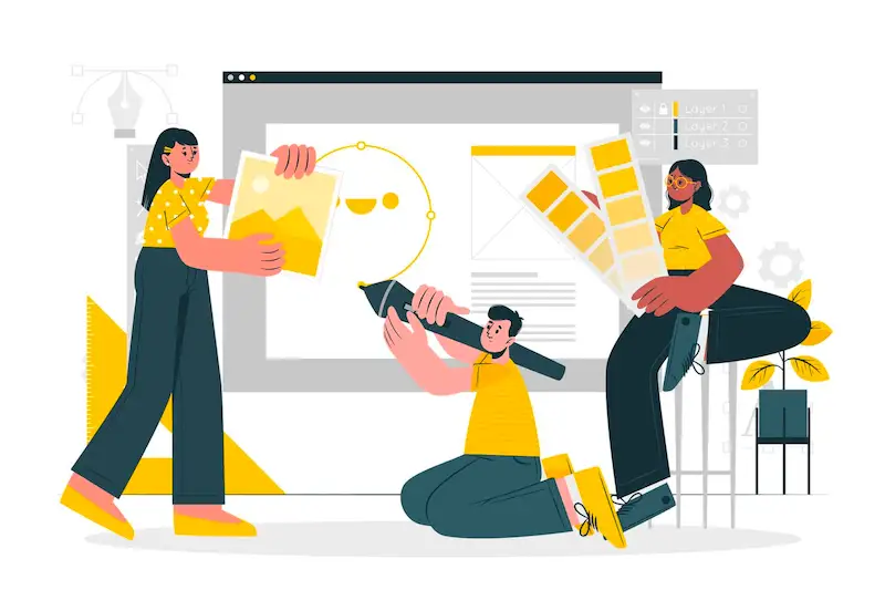 Hottest design trends THe image shos a guy drawing on a screen, on his left side there is a girl holding a drawing, and on his right side there is another girl holding 2 color palettes.