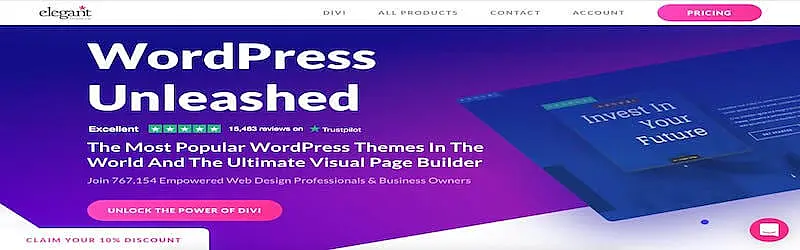 The image shows Elegant Themes page, where its wreitten "WordPress unleashed. The most popular WordPress Themes is the World and the ultimate visual page builder".