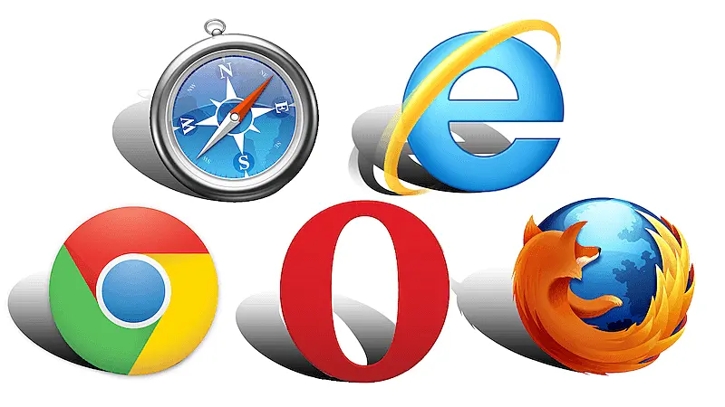 The image shows Safari, Internet Explorer, Google Chrome, Opea, and Firefox icons.