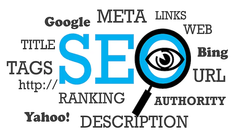 The image shows the Word SEO with a magnifying glass above it, and around it there are the words "Google, Meta, Links, web, Bing, URL, authority, description, Yahoo, http://, tags,  and title.